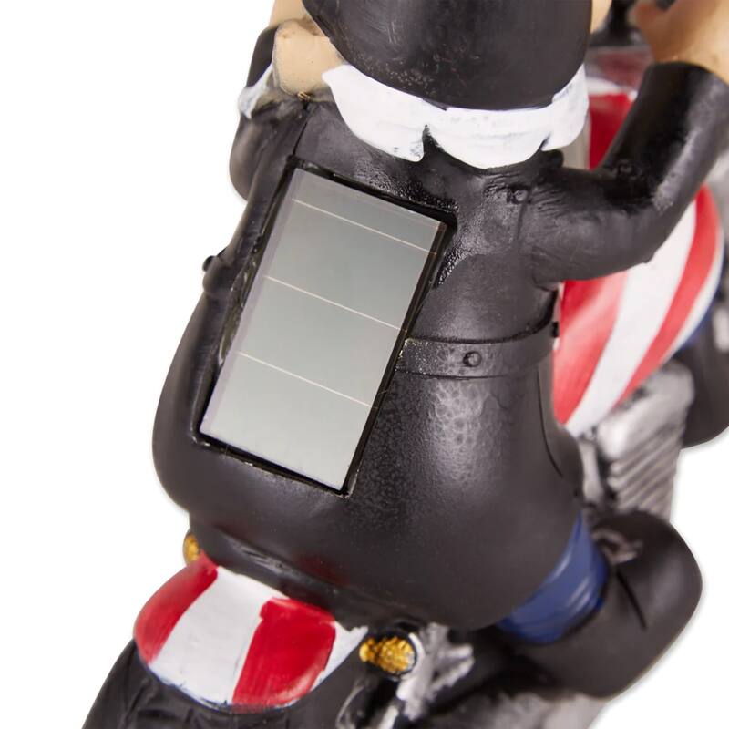 Biker Gnome Solar Powered Outdoor Statue - 8" - Black and Silver