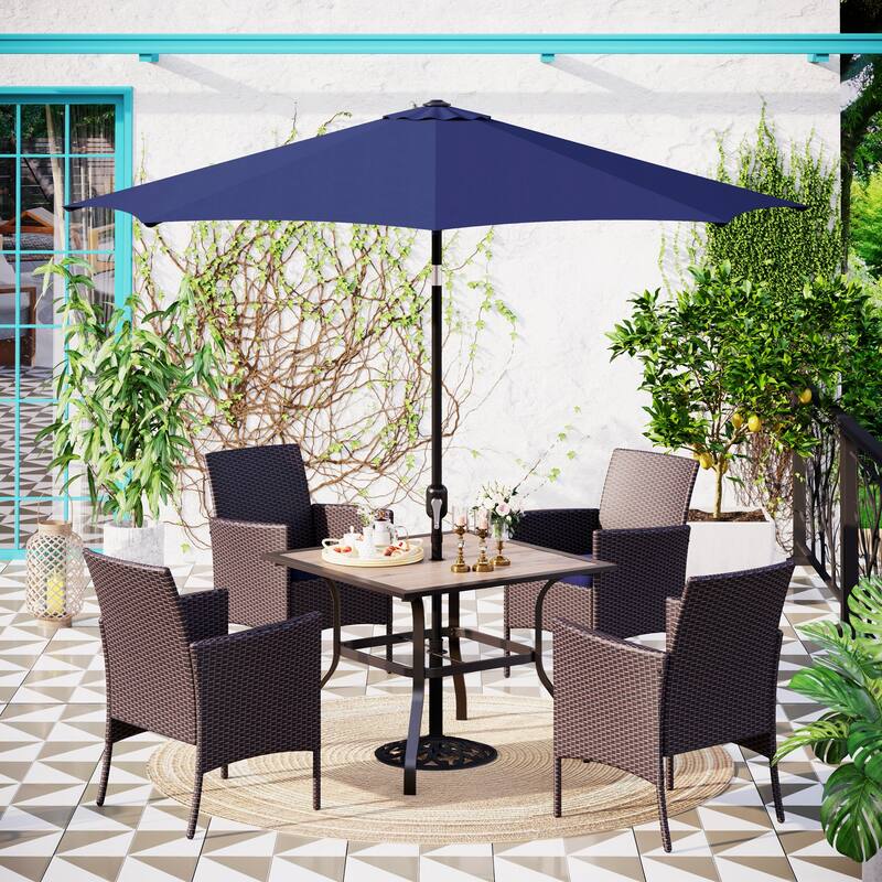 Patio 5-piece Dining Set, 1 Square 37" Metal Table with Umbrella Hole and 4 Rattan Chairs with Cushion