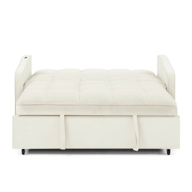Velvet Sofa Bed with Pull-Out Sleeper and USB Charging Ports for Living Room or Guest Room