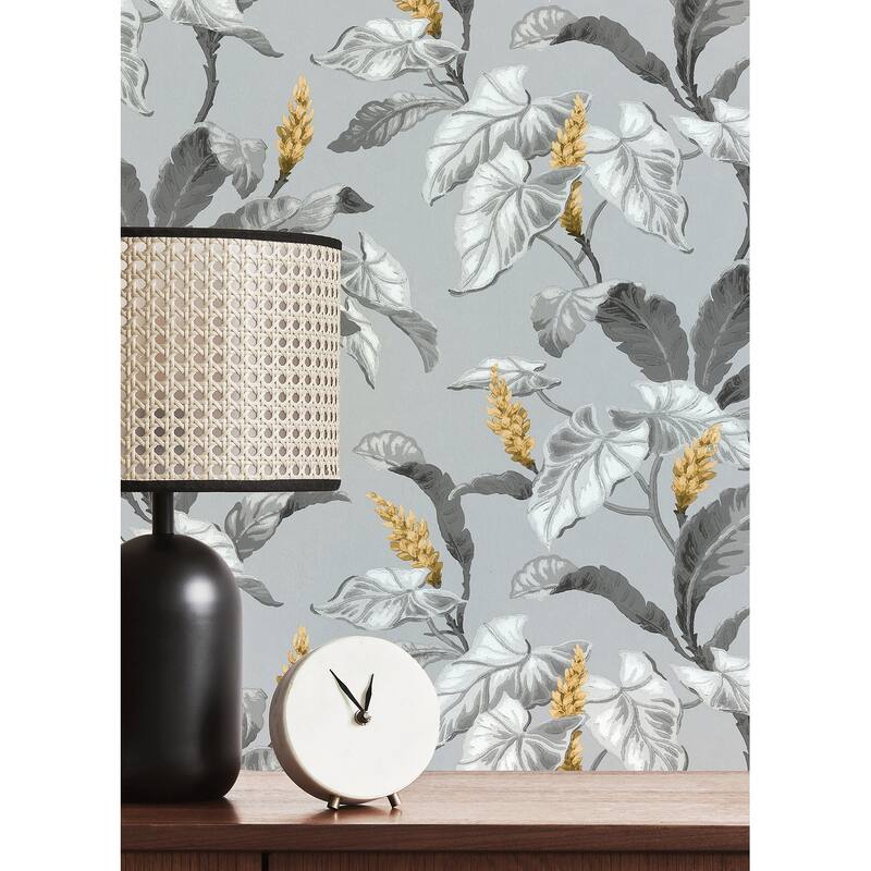 Brewster Meridian Parade Grey Tropical Leaves Wallpaper