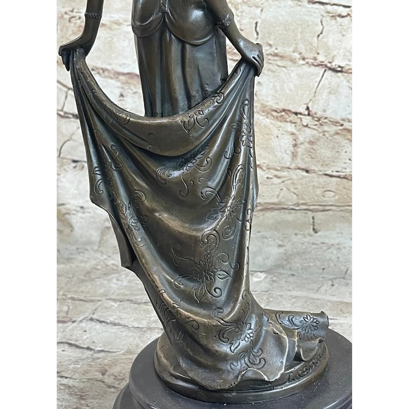 High Society Lady Is Poised And Elegant Dressed Bronze Sculpture Marble Base Fig