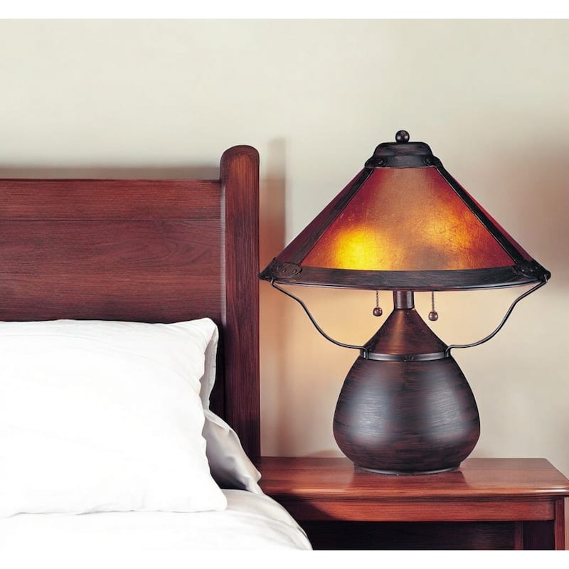 17" Round Rust Metal Table Lamp with Amber Empire Mica Shade and Rotary Socket for Bedroom or Living Room