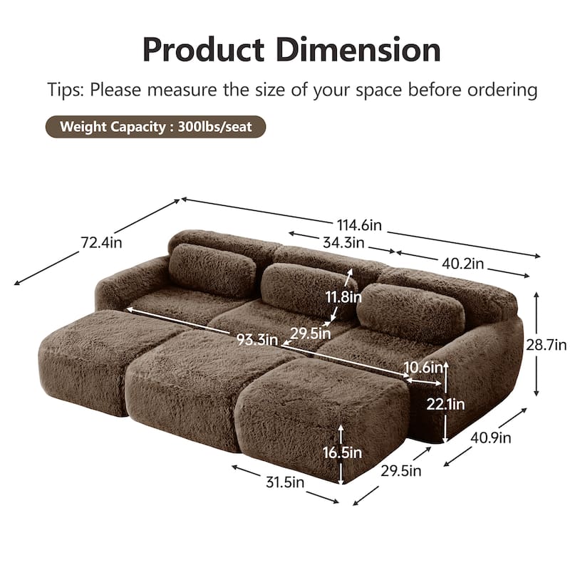 Sectional Sleeper Sofa Set, 3-Seater Modular Convertible Couch with 3 Ottomans, Boneless Sectional Sofa Bed