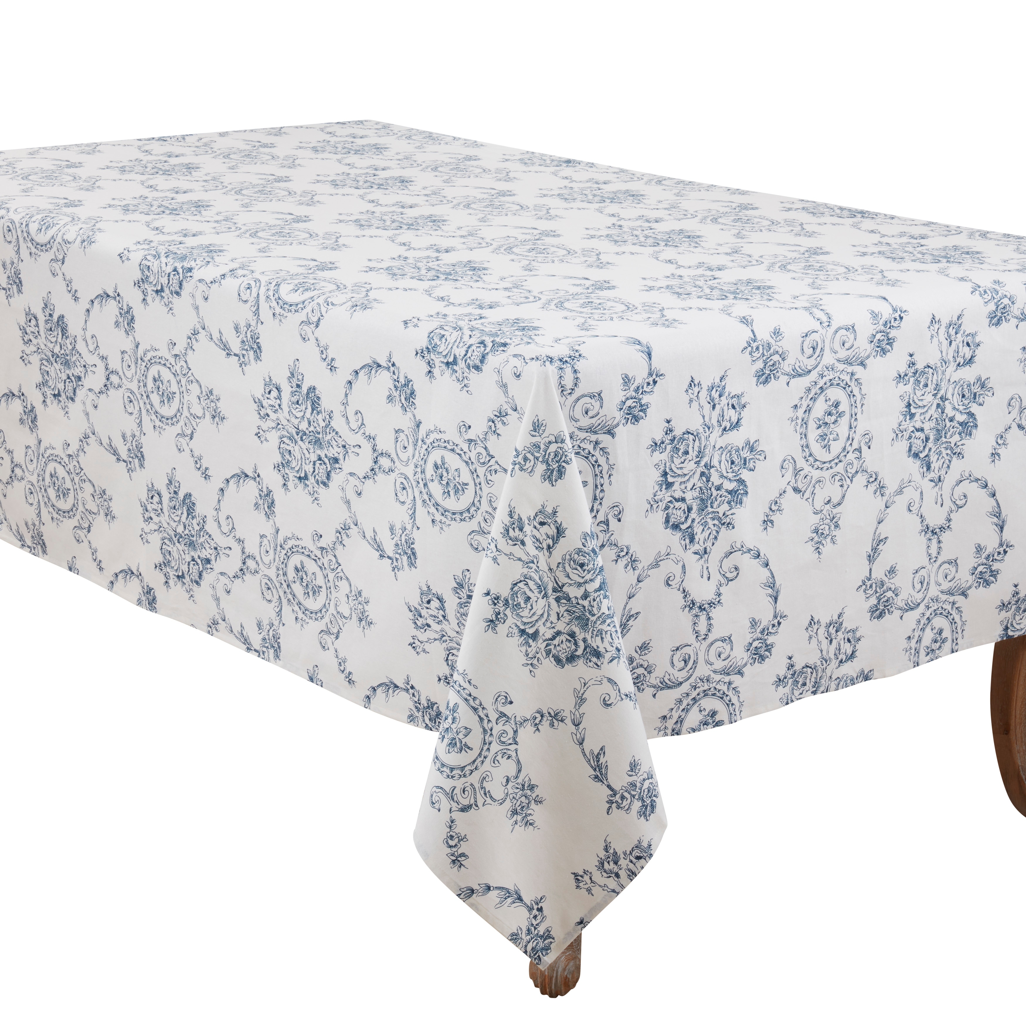Classic Toile Floral Linen Blend Tablecloth with Traditional Scrollwork Pattern & Allover Print