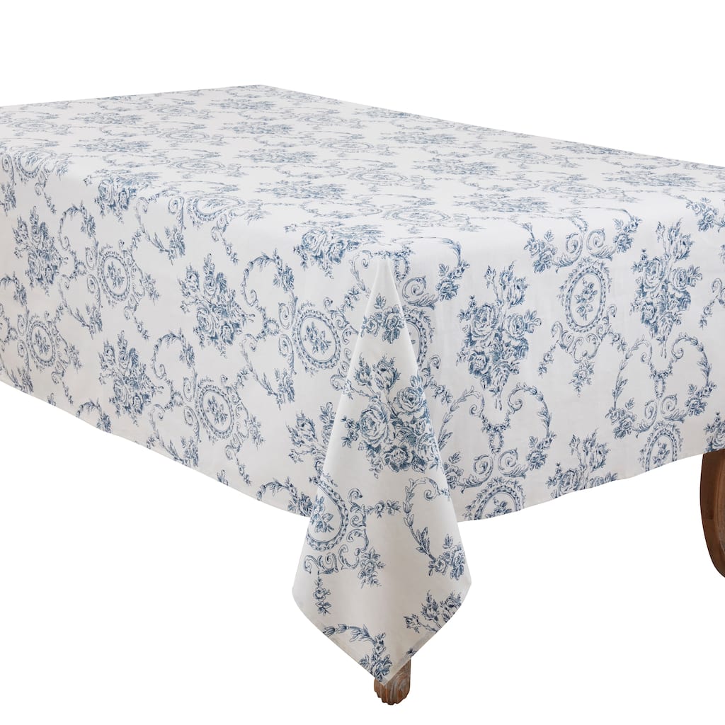 Classic Toile Floral Linen Blend Tablecloth with Traditional Scrollwork Pattern & Allover Print