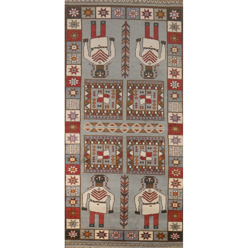 Hand Knotted Oriental 100% Wool Carpet Traditional Tribal Greys & Charcoal Heriz (serapi) Runner Rug - 9' 9'' X 3' 10''