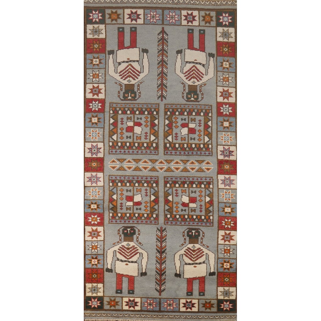 Hand Knotted Oriental 100% Wool Carpet Traditional Tribal Greys & Charcoal Heriz (serapi) Runner Rug - 9' 9'' X 3' 10''
