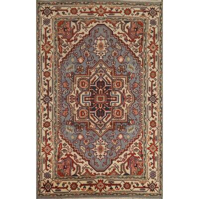 Hand Knotted Oriental 100% Wool Carpet Traditional Medallion Navy Blue & Blues Heriz (serapi) Area Rug - 6' 0'' X 4' 1''