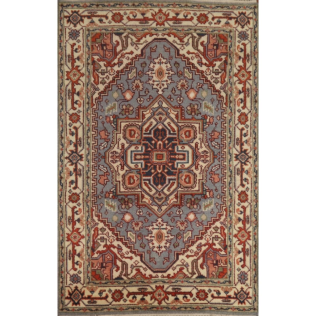 Hand Knotted Oriental 100% Wool Carpet Traditional Medallion Navy Blue & Blues Heriz (serapi) Area Rug - 6' 0'' X 4' 1''