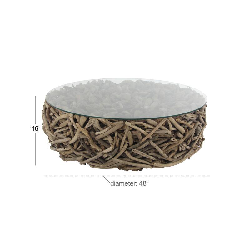 Driftwood Handmade Stacked Collage Coffee Table with Tempered Glass Top - Brown - Roche River Decor - 48"Wx48"Lx16"H