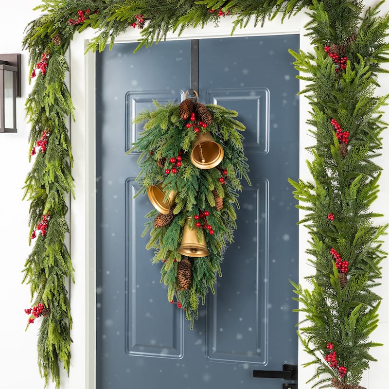 Glitzhome Christmas Berry Bow Pinecone Bell Holy Leaf Teardrop Swag Xmas Wreath
