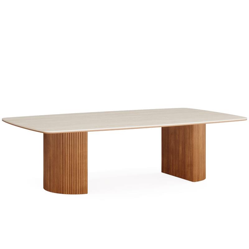 78.74" Travertine Slab Dining Table, Modern Horse Belly Dining Table