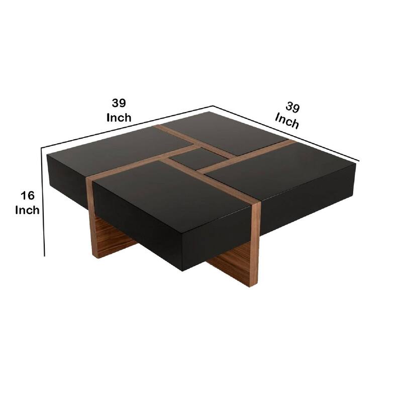 Square Top Wooden Coffee Table with 4 Drawer Storage, Brown and Black
