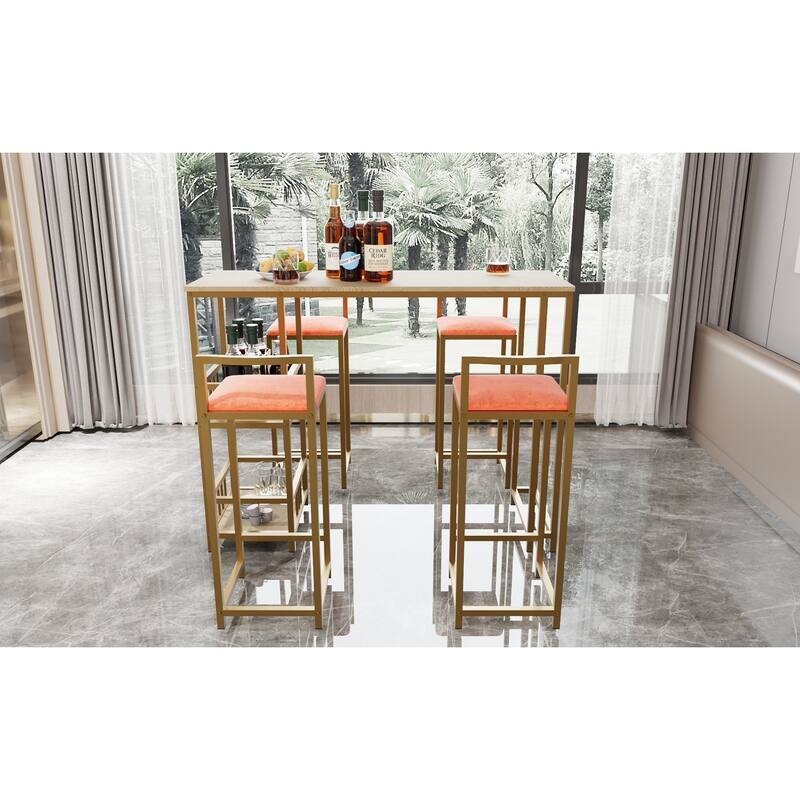 5 Piece Bar Table Set, Counter Height Kitchen Table Set, Metal Table and Chairs Set with 4 Upholstered Chairs & Storage Shelves