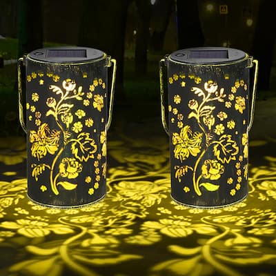 Set of 2 Solar Lantern Lights with Flowers Design, IP44 Outdoor Waterproof Metal LED Hanging Decorative Light