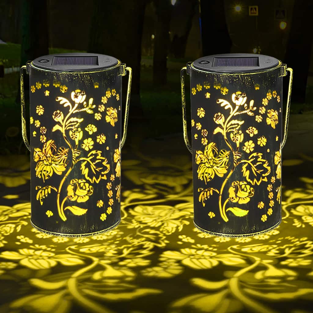Set of 2 Solar Lantern Lights with Flowers Design, IP44 Outdoor Waterproof Metal LED Hanging Decorative Light