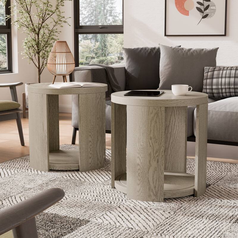 Furniture of America Piez Modern Oak Solid Wood 2-Piece Round End Table Set - Oak
