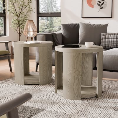 Furniture of America Piez Modern Oak Solid Wood 2-Piece Round End Table Set