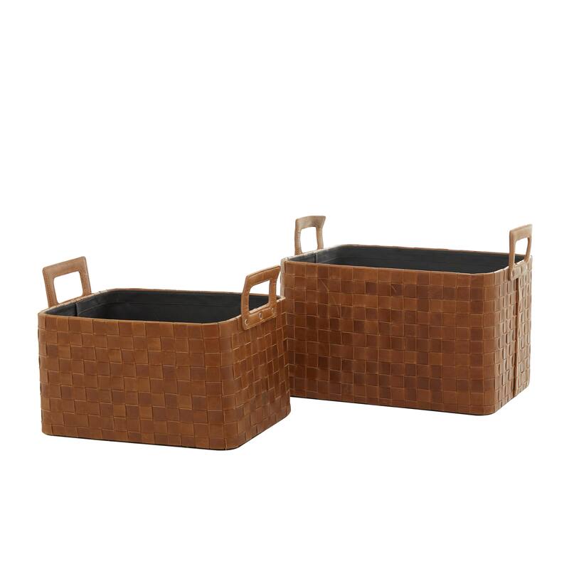 Sleek Leather Modern Storage Basket with Handles (Set of 2) - Dark Blue or Brown