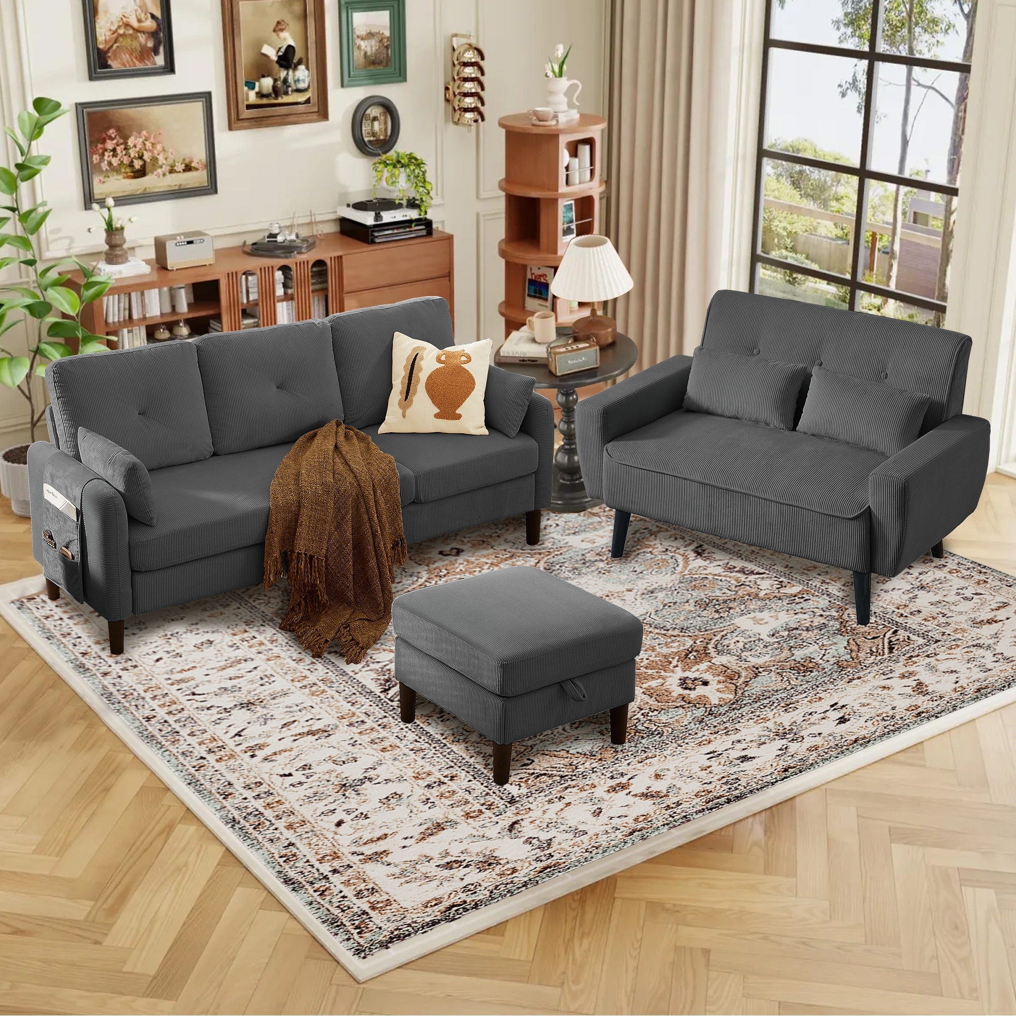 77.17" Corduroy 3 Pieces Living Room Sets including Sofa, Chair and Loveseat