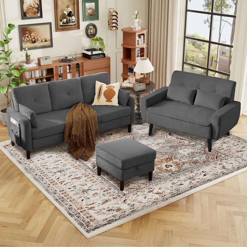 77.17" Corduroy 3 Pieces Living Room Sets with Sofa, Ottoman and Loveseat