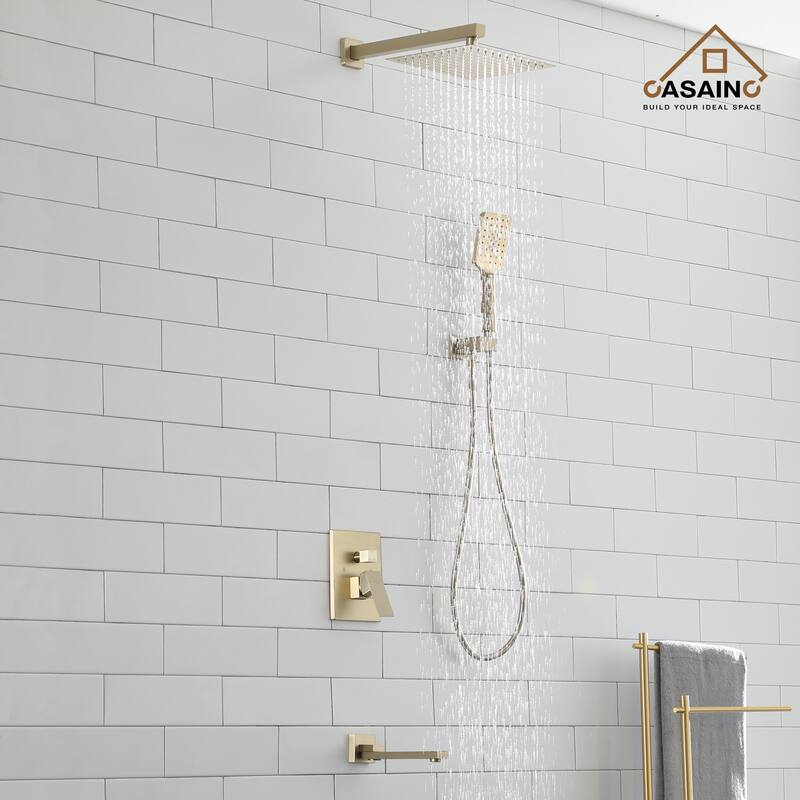 1-Handle 3-Spray Pattern 10 in Wall Mount Shower Head, Tub and Shower Faucet, Brushed Gold (Valve Included) - 10 inch