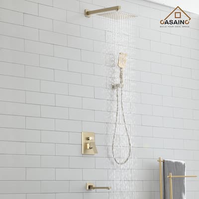 1-Handle 3-Spray Pattern 10 in Wall Mount Shower Head, Tub and Shower Faucet, Brushed Gold (Valve Included) - 10 inch