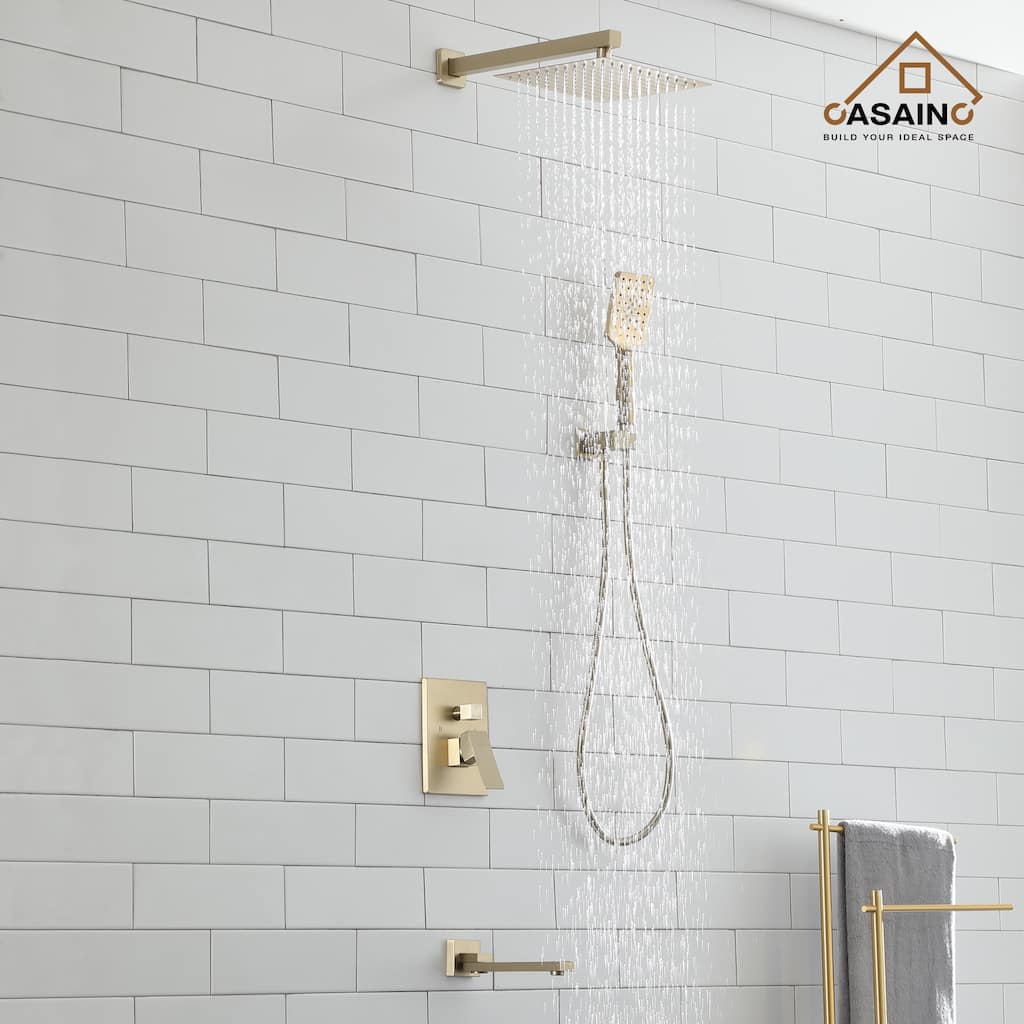 1-Handle 3-Spray Pattern 10 in Wall Mount Shower Head, Tub and Shower Faucet, Brushed Gold (Valve Included) - 10 inch