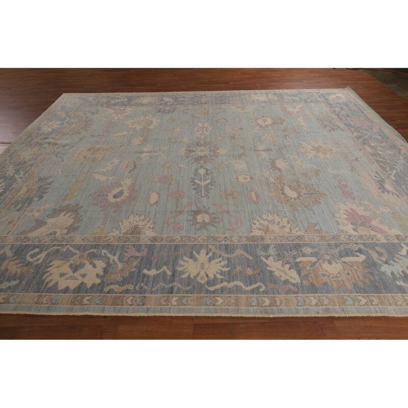 Turkish Oushak Vegetable Dye Area Rug Handmade Light Blue Wool Carpet - 9'2"x 11'11"