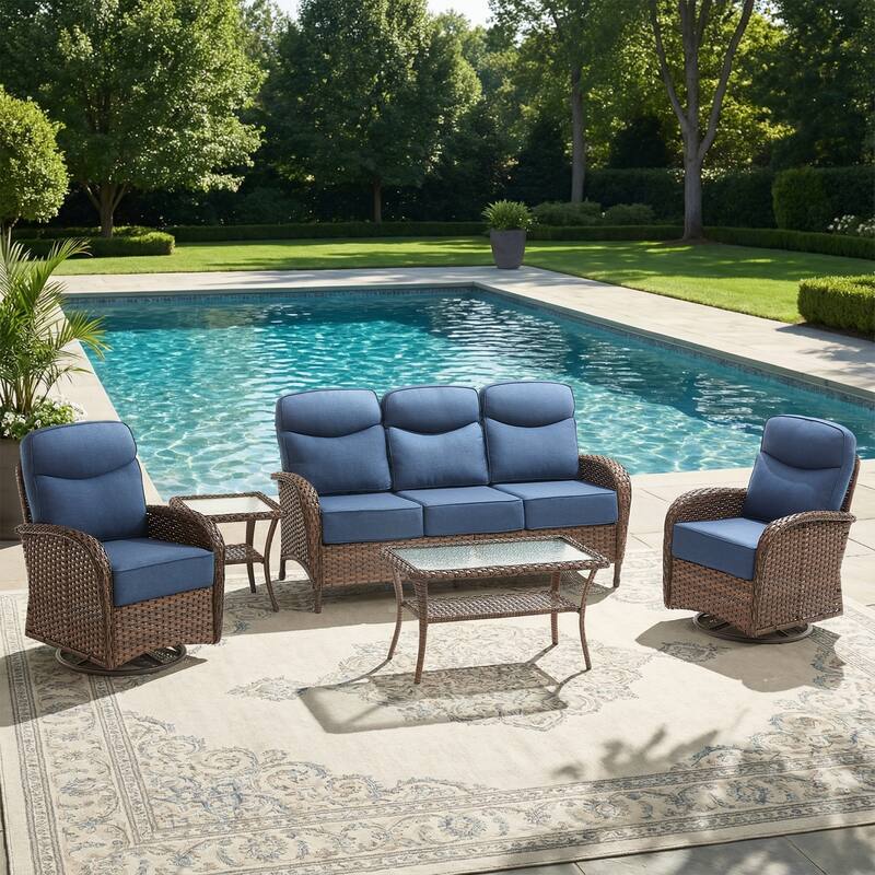 Pocassy Outdoor Wicker Patio Sofa with Swivel Chair Ottoman Sets - Brown Wicker Blue Cushion - 5-Piece Sofa Swivel Chair with Table