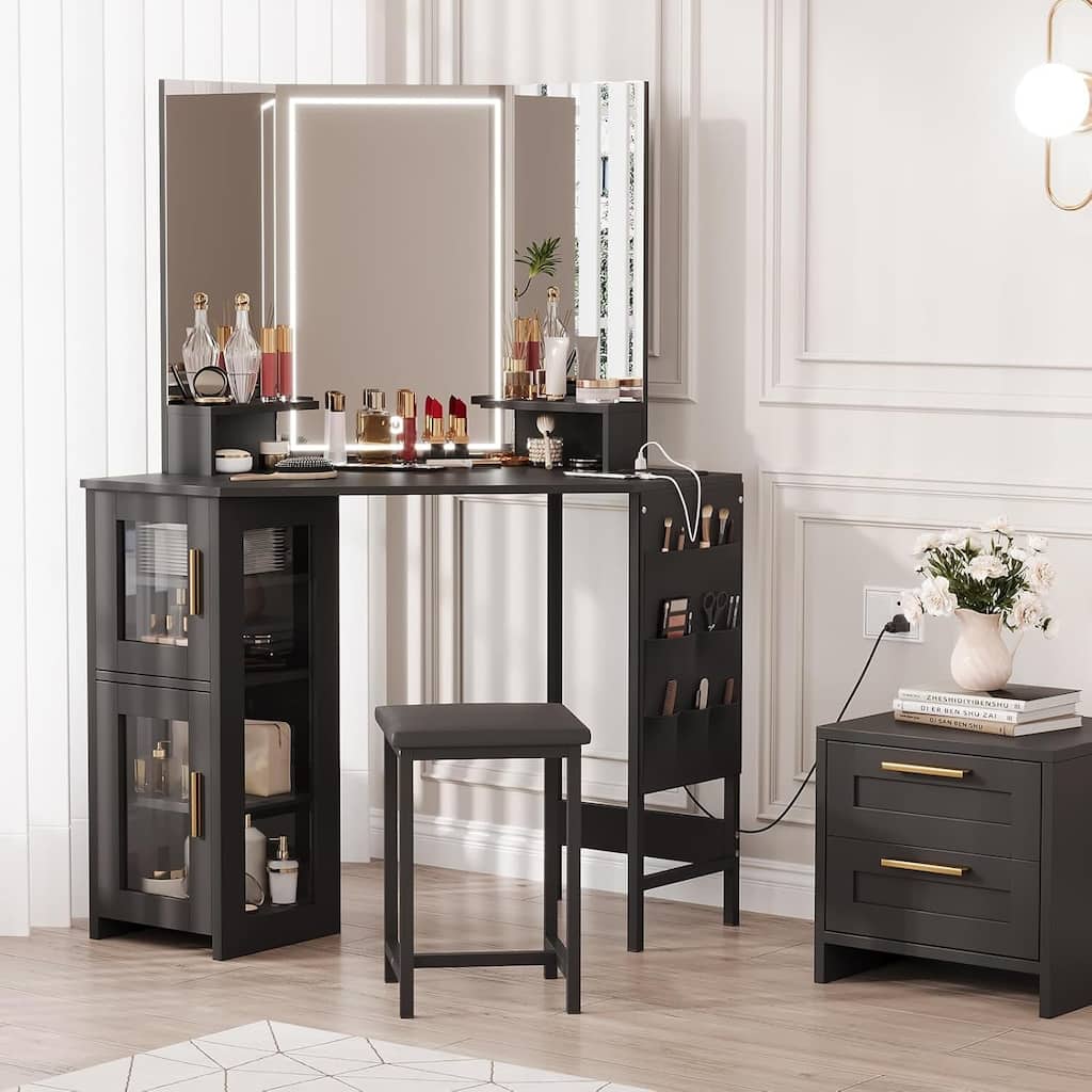 Corner Vanity Desk and Stool, Makeup Dressing Table Set with Light Mirror