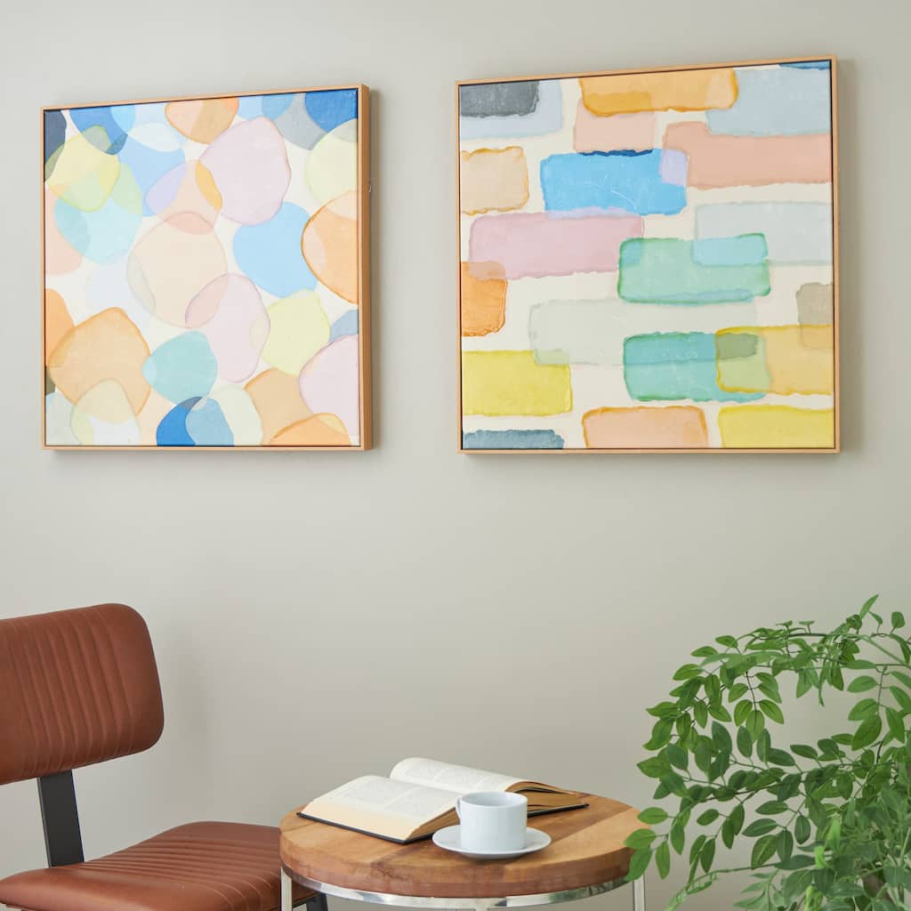 Multi Colored Canvas Small Square Abstract Framed Wall Art with Layered Geometric Shapes (Set of 2)