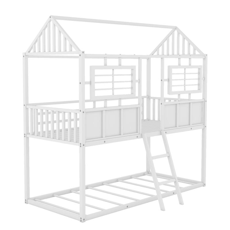 Metal Twin over Twin Low Bunk Beds with Roof and Fenceshaped Guardrail