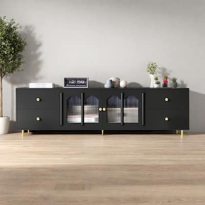 70.9"Modern TV Stand with Glass Doors - 4-Drawer Media with Adjustable Metal Legs