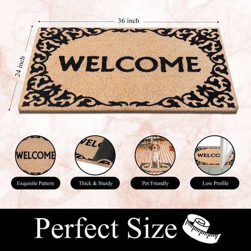 A1HC Natural Coir Flocked Doormat with Heavy Duty Non-Slip PVC Backing Fade Resistant, Pet Friendly Outdoor Welcome Mat