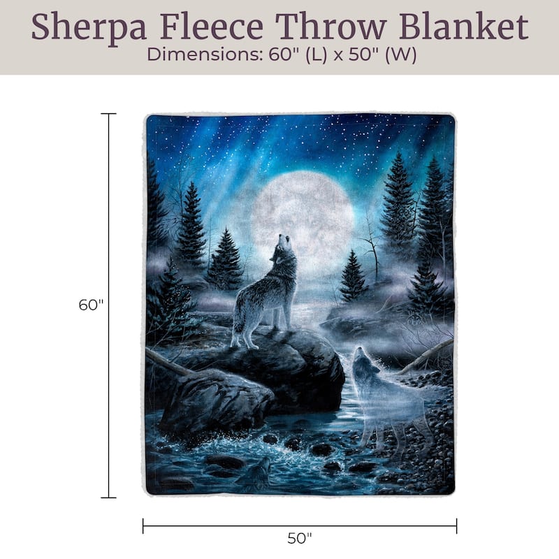 Sherpa Fleece Throw Blanket- Howling Wolf Pattern, Lightweight Hypoallergenic Bed or Couch Soft Plush Blanket by Windsor Home