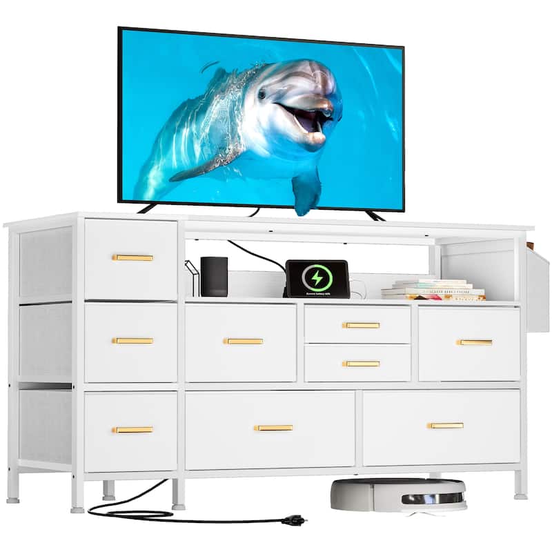 Moasis 50"W 9-drawer Fabric Dresser, Media Console, TV Stand with Outlets, RGB Lights