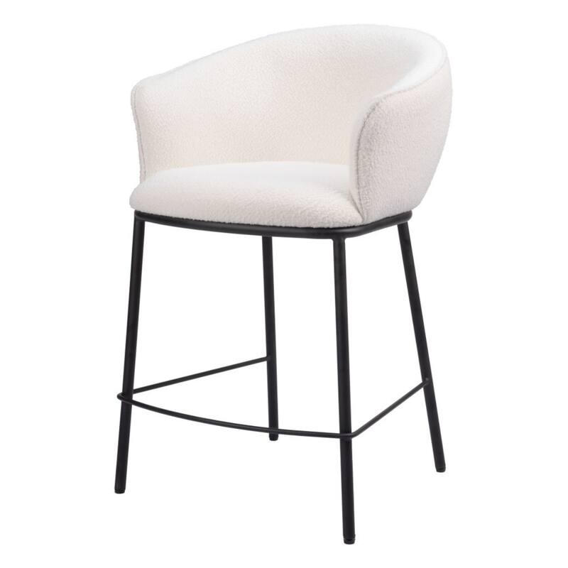 26-Inch Bucket Seat Counter Stool in Ivory Shearling with Arms and Back Black Powder Coated Steel Legs - 37”H x 24.4”W x 24”D