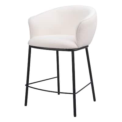 26-Inch Bucket Seat Counter Stool in Ivory Shearling with Arms and Back Black Powder Coated Steel Legs - 37”H x 24.4”W x 24”D