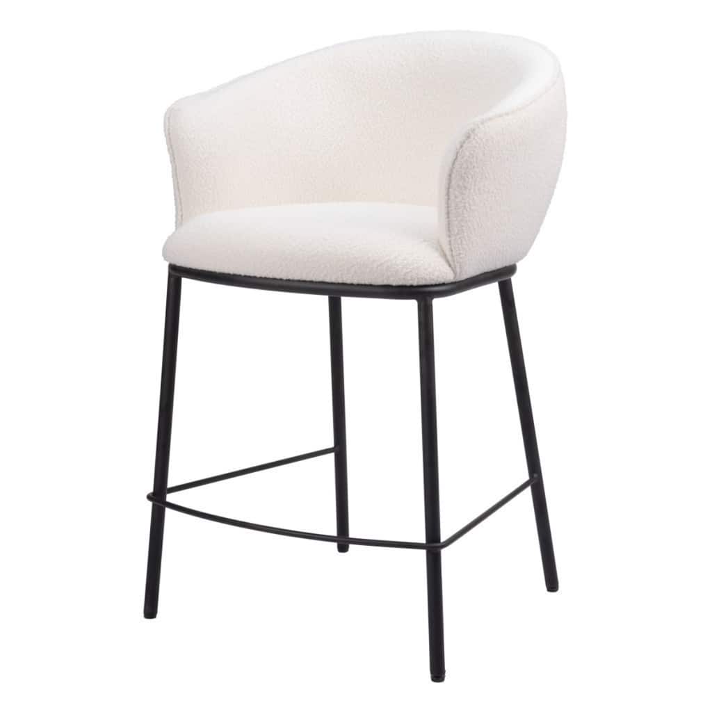 26-Inch Bucket Seat Counter Stool in Ivory Shearling with Arms and Back Black Powder Coated Steel Legs - 37”H x 24.4”W x 24”D