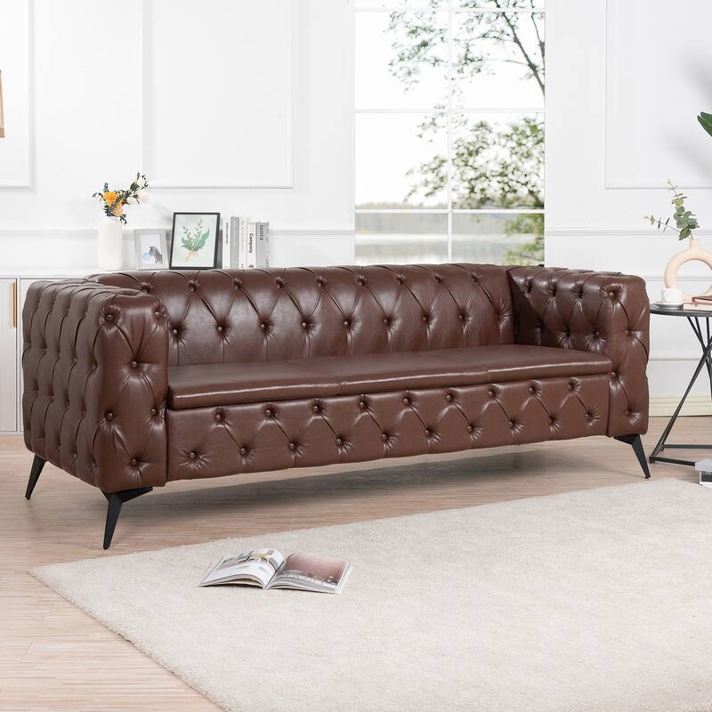 Stylish 3-Seat Sofa with Pocket Spring Cushions & Diagonal Iron Legs - Contemporary Couch - Brown