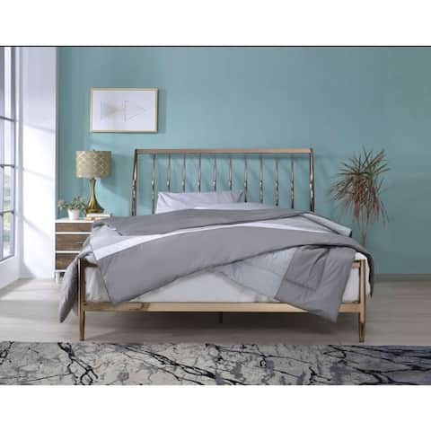 Industrial Style Marianne Queen Size Metal Sleigh Bed with Footboard, Slatted Design Headboard and Tapered Legs
