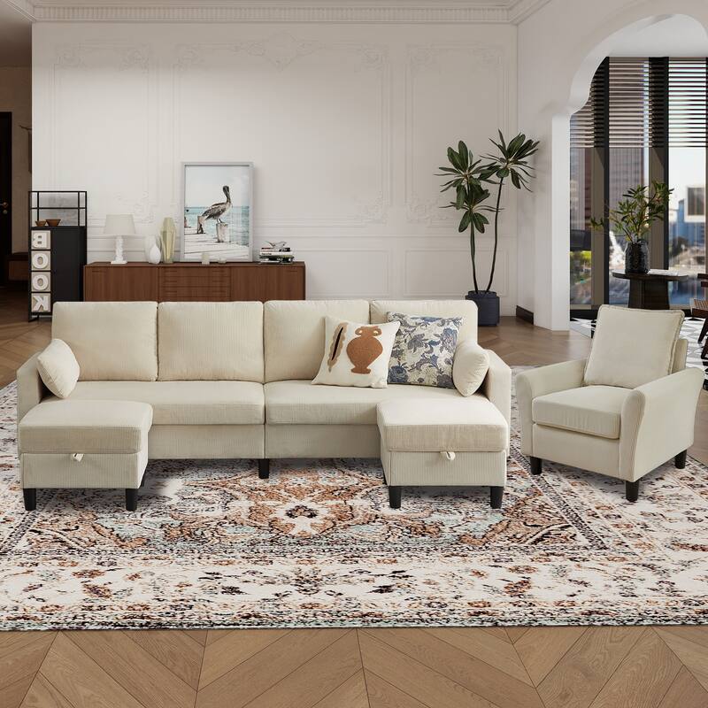 101"Corduroy 3 Piece Living Room Set Including 4 Seater Sofa ,2 Storage Ottoman and Chair