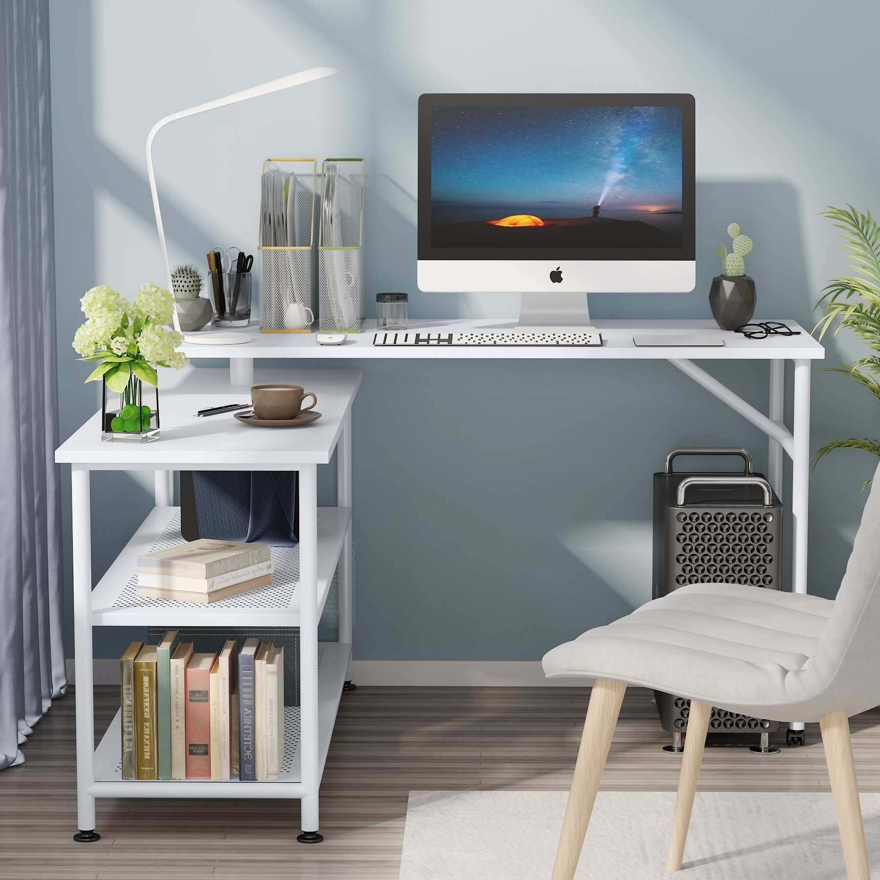 Folding Computer Desk with Storage Shelves, 360 Rotating L-Shape Corner  Desk for Home Office Small Space