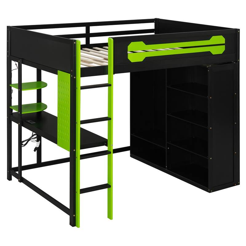 Roomfitters Full Gaming Loft Bed with Desk, Open Wardrobe, RGB LED and USB Ports, Space Saving Sleeper