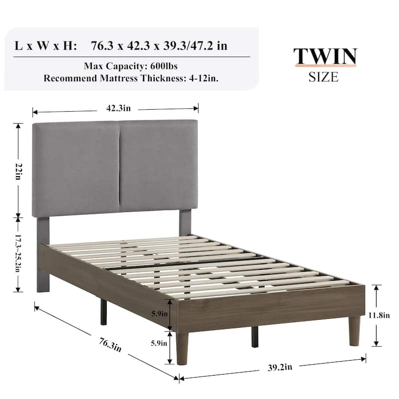 VECELO Upholstered Platform Bed Frame with Adjustable Headboard, Solid Wood Slats, No Box Spring Needed, Twin/Full/Queen Size