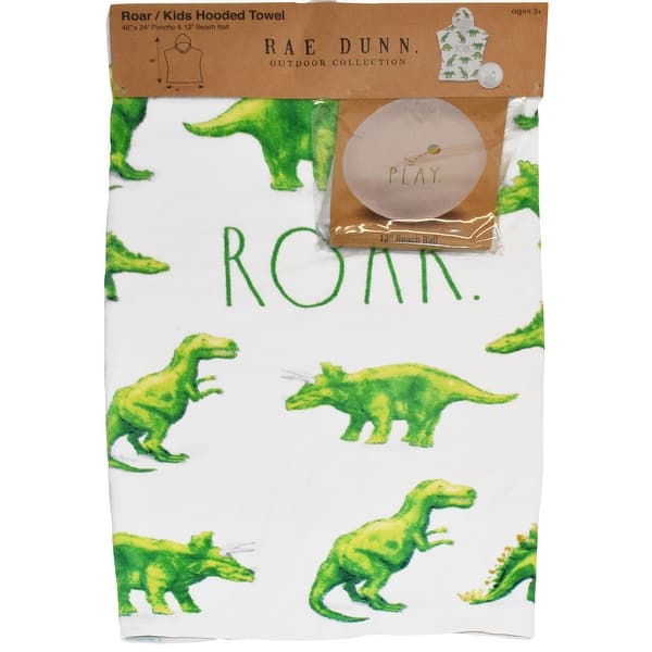 slide 2 of 5, Rae Dunn: Roar Kids Hooded Towel & 12" Beach Ball - Dinosaur 48"x 24" Poncho, Cotton Terry Beach Cover Up, Toddler 3+ - Multi