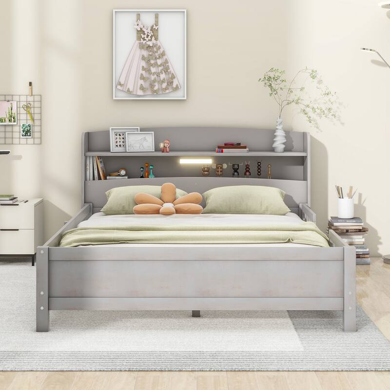 Wood Platform Bed with Built-in LED Light, Storage Headboard and Guardrail
