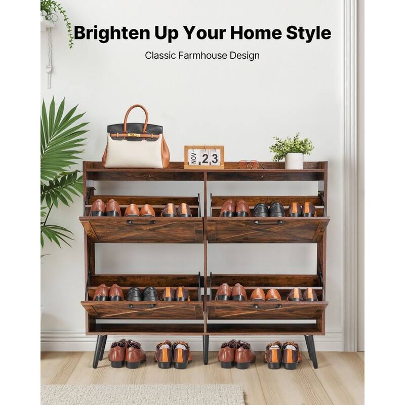 4-Drawer Brown Shoe Organizer Cabinet with Adjustable Flip Storage for Entryway Hallway or Foyer - 47.24 x 9.45 x 41.34 in
