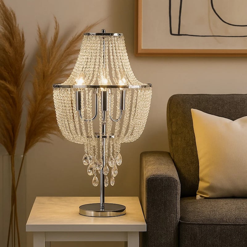 Cara 27 Inch Table Lamp, Hanging Drop Design, Crystal and Metal, Chrome